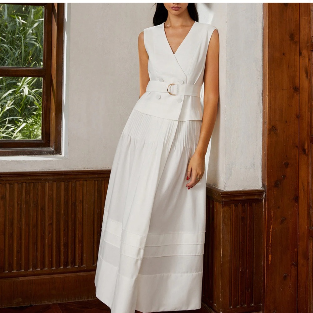 Commense Cotton & Linen Belted Pleated Long Dress